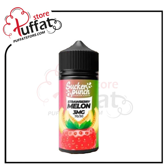 Vape juice bottle labeled 'Sucker Punch Strawberry Melon' with Tuffat store logo.