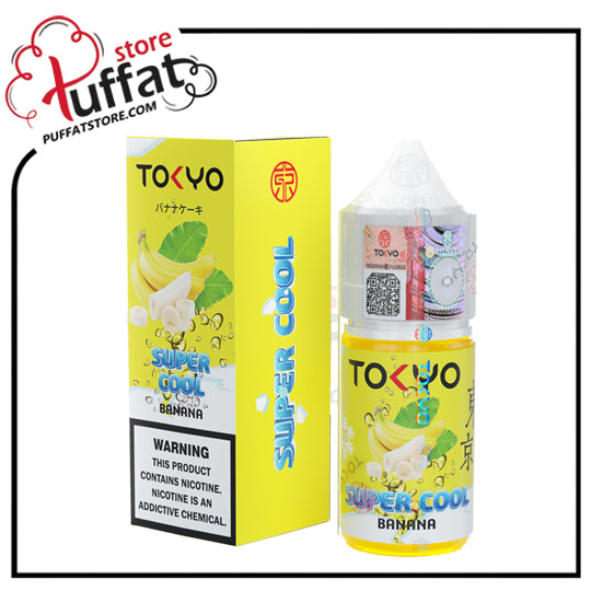 Tokyo Super Cool Banana vape juice bottle and packaging with Tuffat store branding.