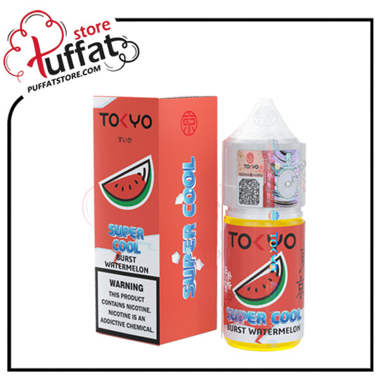 Tokyo Super Cool Burst Watermelon vape juice packaging with Puffat store branding.