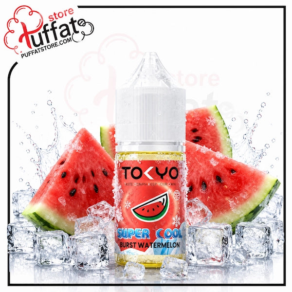 TOKYO Super Cool Burst Watermelon vape juice bottle with watermelon and ice cubes on a white background