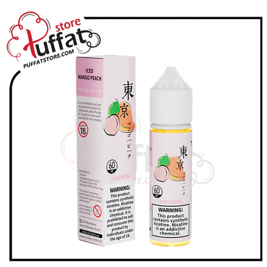 Puffat store branded vape juice bottle and packaging with 'ICED MANGO PEACH' flavor on a white background.