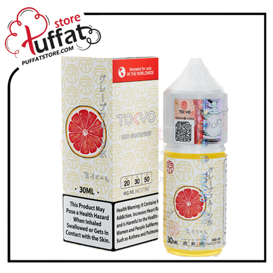 Vape juice bottle and packaging with 'TOKYO' branding and grapefruit flavor on a white background.