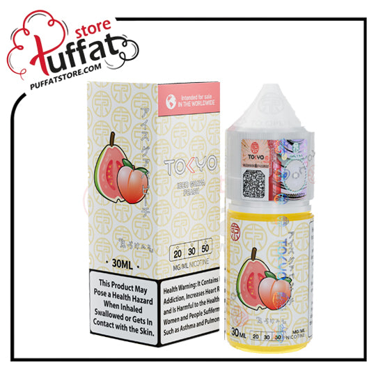 Peach-flavored vape juice bottle and packaging with 'Puffat' branding.