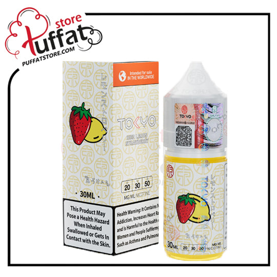 Vape juice bottle and packaging with 'TOKYO' branding and strawberry and lemon graphics on a white background.