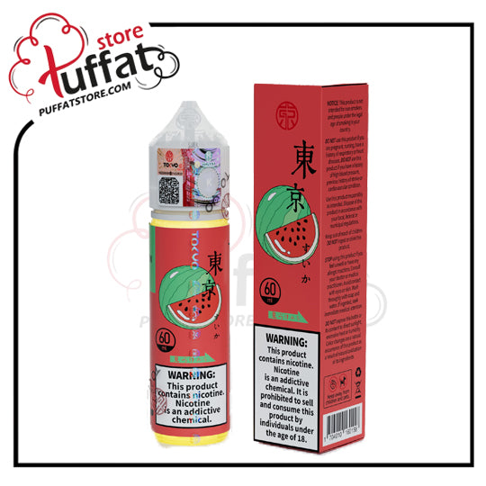 Red and white vape device with watermelon design and packaging on a white background