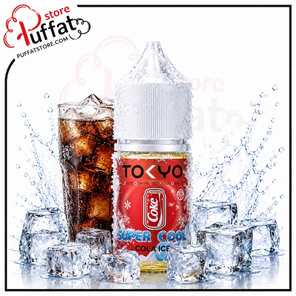 TOKYO Super Cool Cola vape juice bottle with Cola and ice cubes on a white background