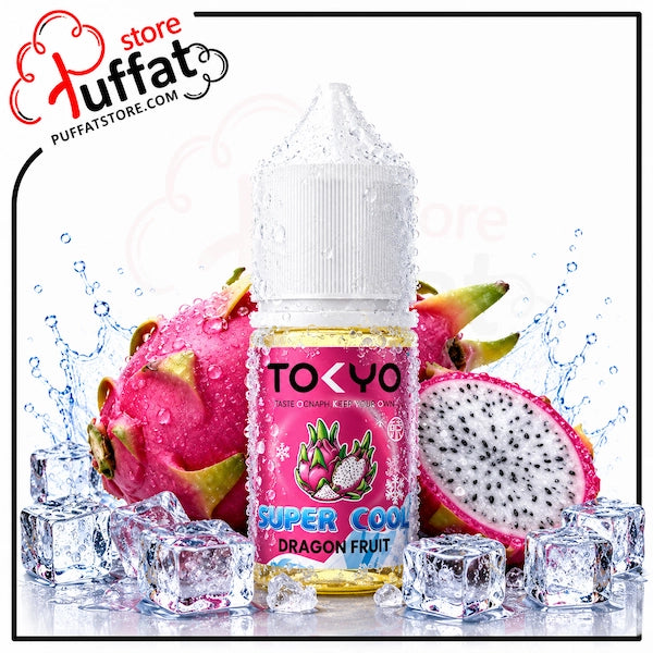 Bottle of Tokyo Super Cool Dragon Fruit vape juice with dragon fruit and ice cubes on a white background.