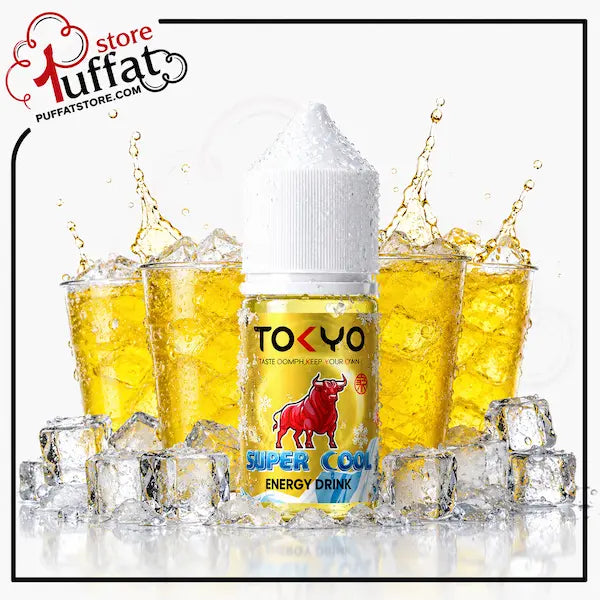 Energy drink bottle labeled 'Tokyo Super Cool' with glasses of yellow liquid and ice cubes, branded 'Puffat'.