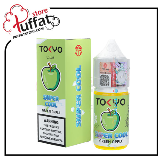 Tokyo Super Cool Green Apple vape juice packaging with Puffat store branding.