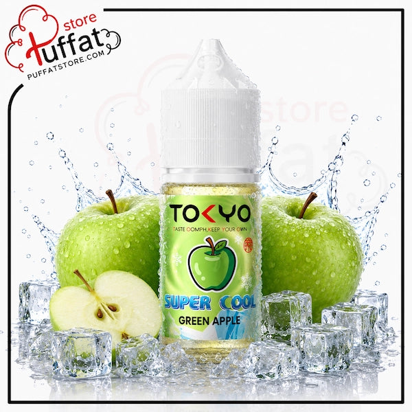 Tokyo Super Cool Green Apple vape juice bottle with green apples and ice cubes on a white background.