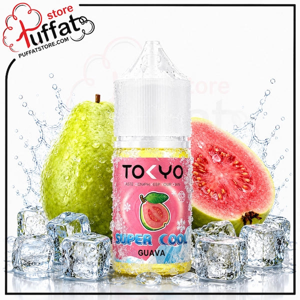 TOKYO Super Cool Guava vape juice bottle with Guava and ice cubes on a white background
