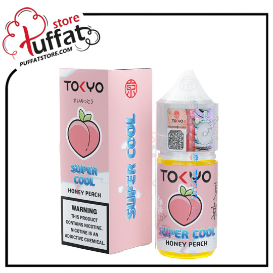 Tokyo Super Cool Honey Peach vape juice packaging with Tuffat store branding.