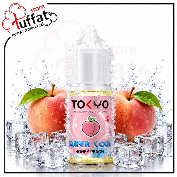 TOKYO Super Cool Honey Peach vape juice bottle with Peach and ice cubes on a white background