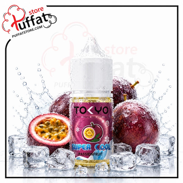 TOKYO Super Cool Passion Fruit vape juice bottle with passion fruit and ice cubes on a white background
