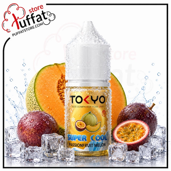 TOKYO Super Cool Passionfruit Melon vape juice bottle with fruits and ice cubes on a white background