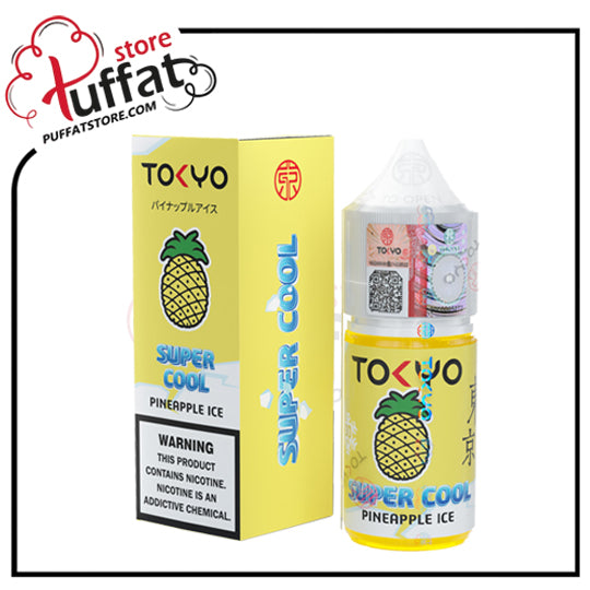 Tokyo Super Cool Pineapple Ice vape juice bottle and packaging with Tuffat store branding.