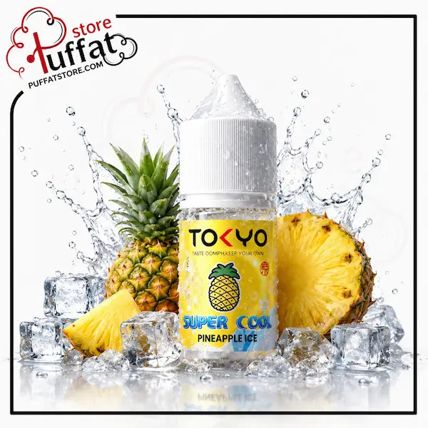TOKYO Super Cool Pineapple Ice vape juice bottle with a pineapple and ice cubes on a white background