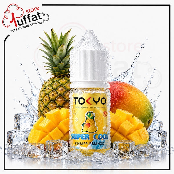 Bottle of Tokyo Super Cool Pineapple Mango vape juice with pineapple, mango, and ice cubes on a white background.