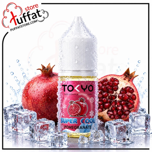 TOKYO Super Cool Pomegranate vape juice bottle with pomegranates and ice cubes on a white background.