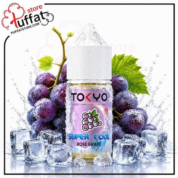 TOKYO Super Cool Rose Grape vape juice bottle with grapes and ice cubes on a white background