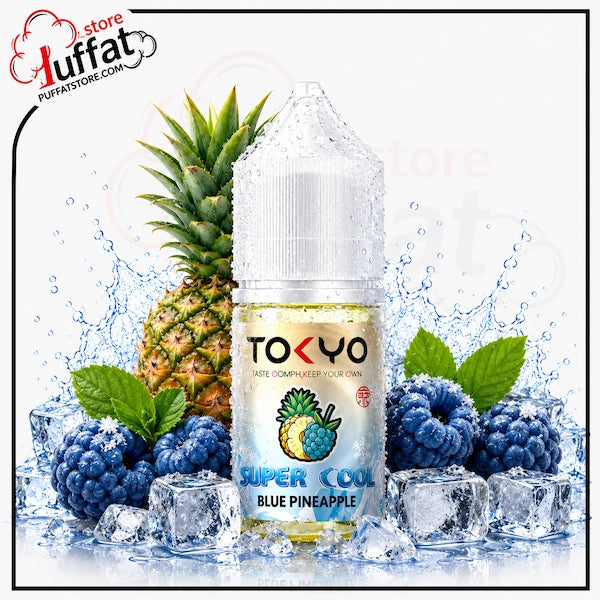TOKYO Super Cool Blue Pineapple vape juice bottle with pineapple, blueberries, and ice cubes on a white background.