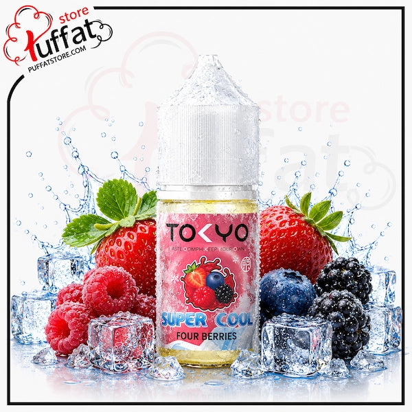 TOKYO Super Cool Four Berries vape juice bottle with berries and ice cubes on a white background