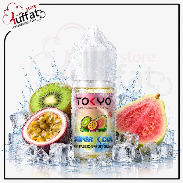 Vape juice bottle with tropical fruits and ice cubes on a white background