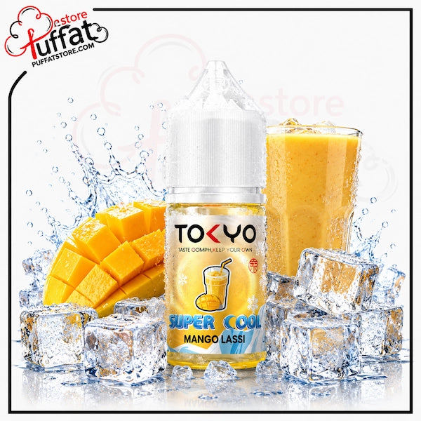 TOKYO Super Cool Mango Lassi vape juice bottle with mango slices and ice cubes on a white background