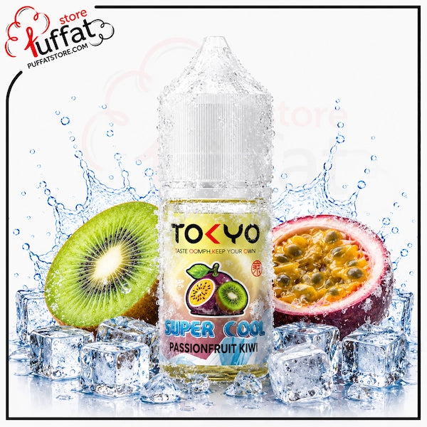 TOKYO Super Cool Passionfruit Kiwi vape juice bottle with fruits and ice cubes on a white background