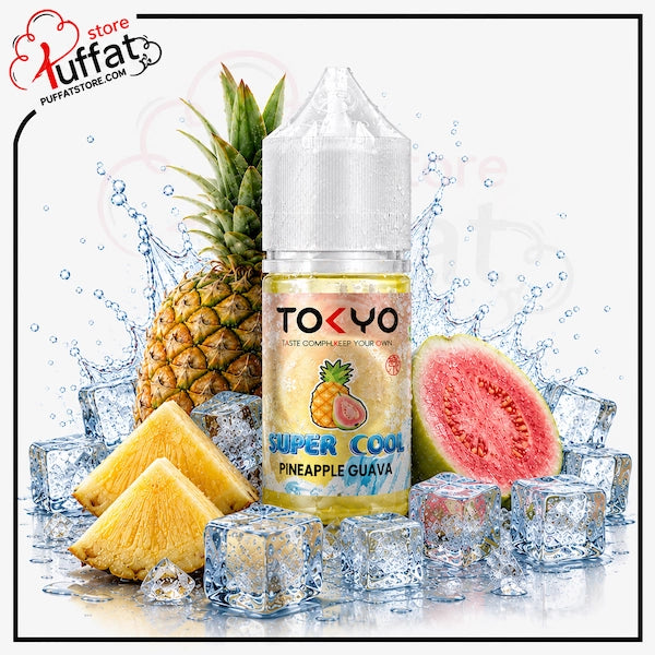 Vape juice bottle with pineapple and watermelon on a white background