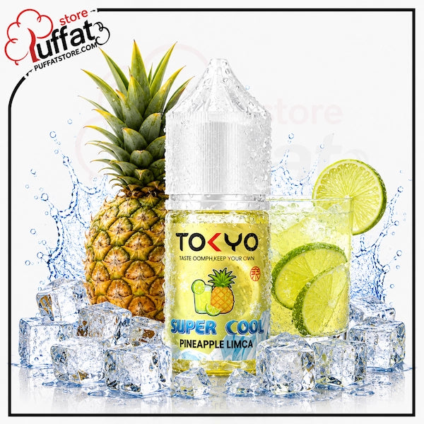 TOKYO Super Cool Pineapple Limca bottle with a pineapple, lime, and ice cubes on a white background.