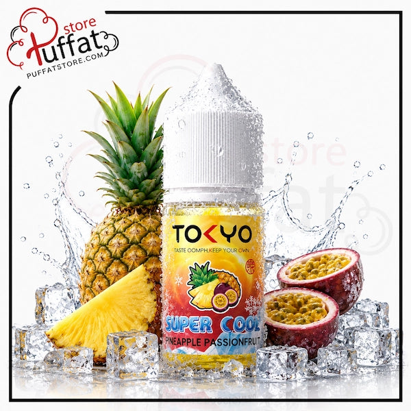 TOKYO Super Cool Pineapple Passionfruit vape juice bottle with pineapple and passionfruit on ice cubes.