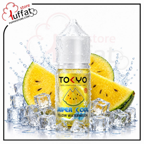 TOKYO Super Cool Yellow Watermelon vape juice bottle with watermelon slices and ice cubes on a white background.