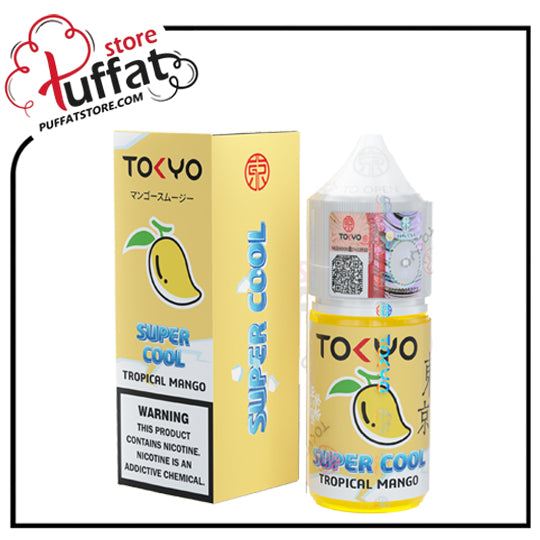 Tropical mango vape juice bottle and packaging with 'Puffat' branding.