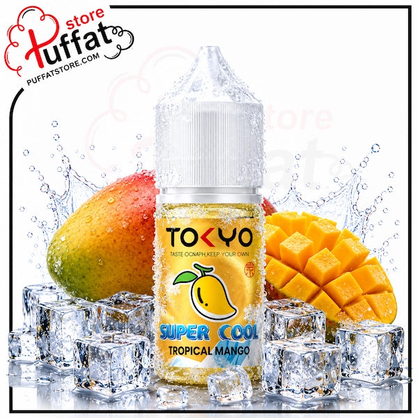 TOKYO Super Cool Tropical Mango vape juice bottle with Mango and ice cubes on a white background