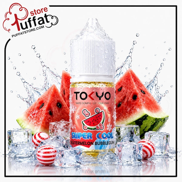 Tuffat Tokyo Super Cool Watermelon Bubblegum vape juice bottle with watermelon slices and ice cubes on a white background.