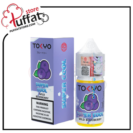 Tokyo Super Cool Wild Blueberry vape juice packaging with Tuffat store branding.