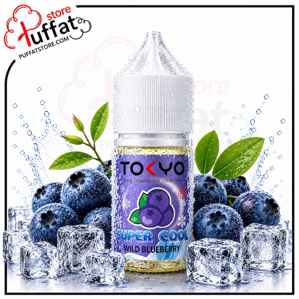 TOKYO Super Cool Wild Blueberry vape juice bottle with Blueberry and ice cubes on a white background