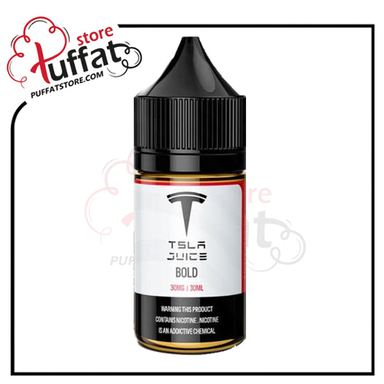 Tesla Juice Bold vape juice bottle with Tesla logo on a white background, featuring Tuffat store branding.