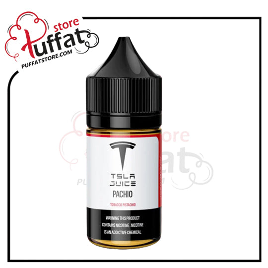Tesla Juice Pachio vape juice bottle with black cap on a white background, featuring the Puffat store logo.
