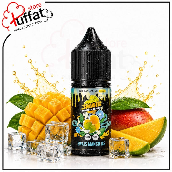 Uwell Brewmaster 3wais Mango SaltNic vape juice bottle surrounded by fresh cubed mangoes, a whole mango, mango slices, and vibrant yellow-orange liquid splash elements on a white background with a Puffat Store logo in the top left corner.