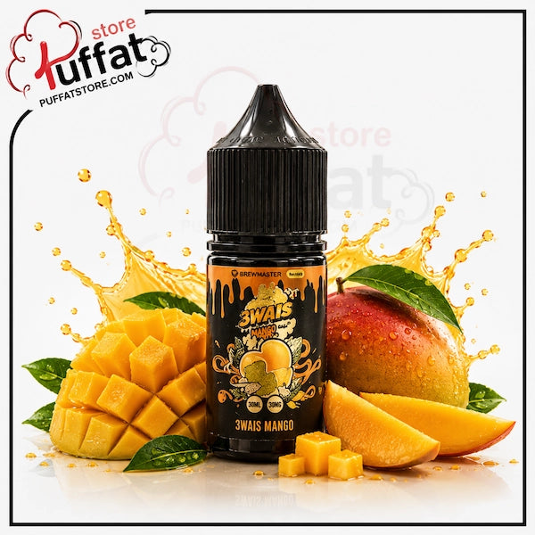 Uwell Brewmaster 3wais Mango SaltNic vape juice bottle surrounded by fresh cubed mangoes, a whole mango, mango slices, and vibrant yellow-orange liquid splash elements on a white background with a Puffat Store logo in the top left corner.