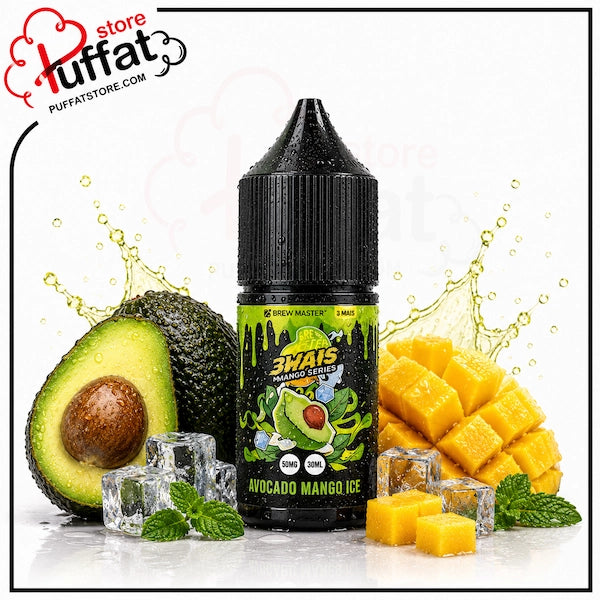 Uwell Brewmaster Avocado Mango Ice Salt 30ml.webp shows a Uwell Brewmaster Avocado Mango Ice SaltNic vape juice bottle surrounded by a halved avocado with its pit, a whole avocado, a large cubed mango, cut mango cubes, fresh mint leaves, and ice cubes with light green liquid splashes on a white background featuring a "Puffat Store" logo in the top-left corner.