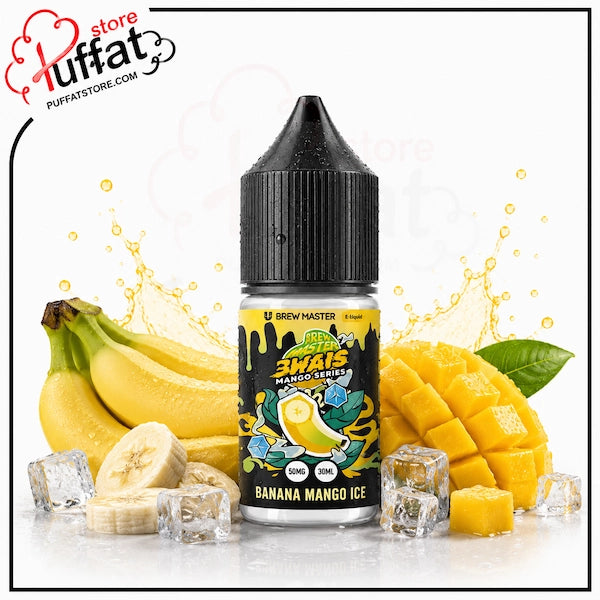 Uwell Brewmaster Banana Mango Ice Salt 30ml.webp shows a Uwell Brewmaster Banana Mango Ice SaltNic vape juice bottle surrounded by a bunch of whole bananas, banana slices, a large cubed mango, cut mango cubes, and ice cubes with yellow liquid splashes on a white background featuring a "Puffat Store" logo in the top-left corner.