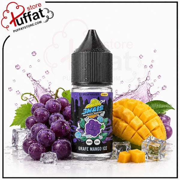 Uwell Brewmaster Grape Mango Ice Salt 30ml.webp shows a Uwell Brewmaster Grape Mango Ice SaltNic vape juice bottle surrounded by a large cluster of purple grapes with a green leaf, a cubed mango, cut mango cubes, and ice cubes with purple-tinted liquid splashes on a white background featuring a "Puffat Store" logo in the top-left corner.