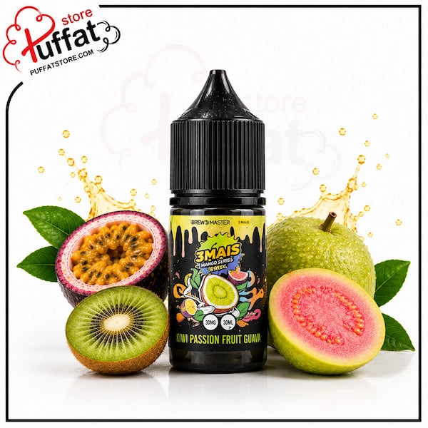 Uwell Brewmaster Kiwi Passion Fruit Guava Salt 30ml.webp shows a Uwell Brewmaster Kiwi Passion Fruit Guava SaltNic vape juice bottle surrounded by a halved passion fruit revealing its seeds, a kiwi fruit slice, a whole green guava, a halved pink guava, and light yellow-orange liquid splashes on a white background with a "Puffat Store" logo in the top-left corner.