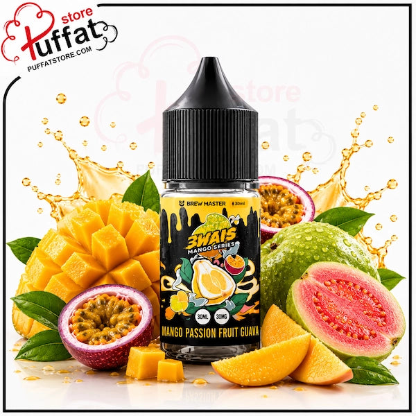 Uwell Brewmaster Mango Passion Fruit Guava Salt 30ml.webp shows a Uwell Brewmaster Mango Passion Fruit Guava SaltNic vape juice bottle surrounded by a large cubed mango, mango slices, cut mango cubes, halved passion fruits revealing their seeds, a whole green guava, a halved pink guava, and vibrant yellow-orange liquid splashes on a white background with a "Puffat Store" logo in the top-left corner.