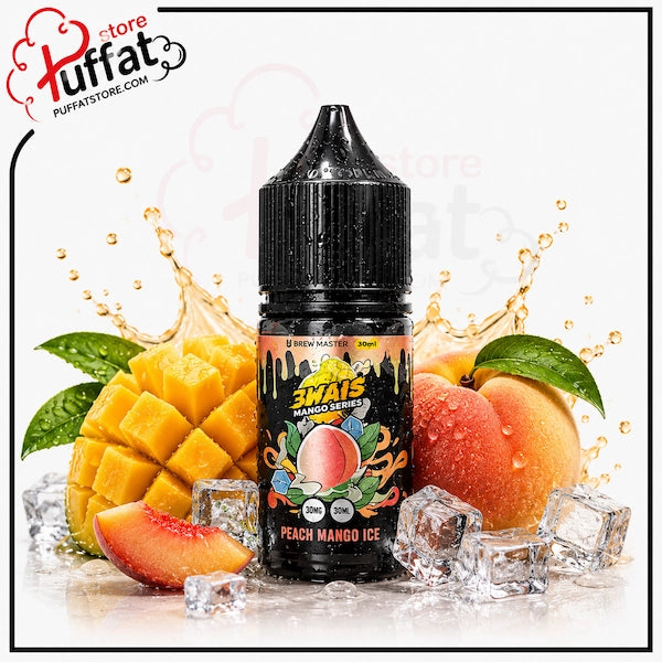 Uwell Brewmaster Peach Mango Ice Salt 30ml.webp shows a Uwell Brewmaster Peach Mango Ice SaltNic vape juice bottle surrounded by a large cubed mango with green leaves, a fresh peach slice, a whole ripe peach with a green leaf, and ice cubes with light orange liquid splashes on a white background featuring a "Puffat Store" logo in the top-left corner.