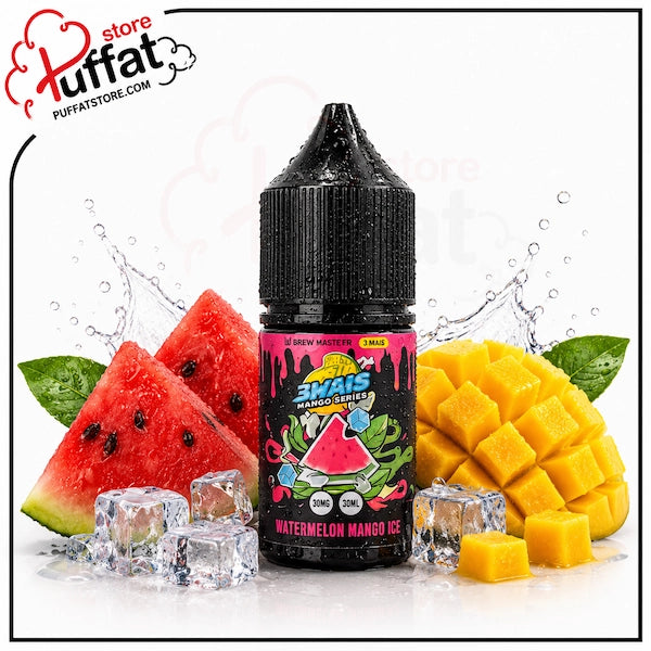 Uwell Brewmaster Watermelon Mango Ice Salt 30ml.webp shows a Uwell Brewmaster Watermelon Mango Ice SaltNic vape juice bottle surrounded by two fresh triangular watermelon slices with green leaves, a large cubed mango, cut mango cubes, and ice cubes with clear water splashes on a white background featuring a "Puffat Store" logo in the top-left corner.