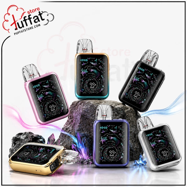 Five Koko vape devices in different metallic colors (gold, pink, teal, purple, silver) are arranged around a dark rock prop on a white background with colorful smoke effects and a Luffat store logo in the top left.